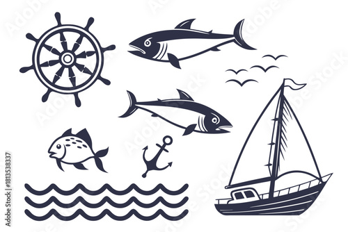 Nautical Icons With Sailboat Fish Anchor And Ship Wheel On Waves vector illustration