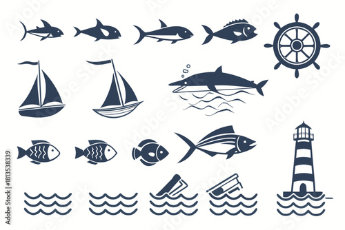 Nautical Icons With Sailboat Fish Compass Ship Wheel And Anchor On Waves vector illustration