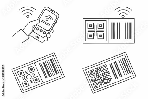 Four Smartphones Displaying QR Codes Shopping Bag and Wi Fi Symbols mobile phone