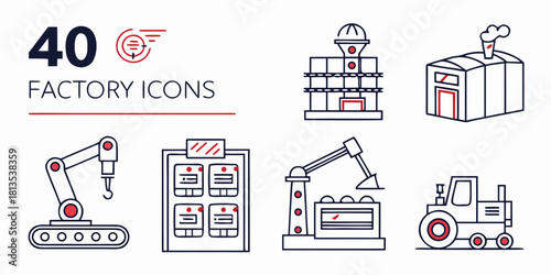 Collection of 40 Industrial and Factory Icons with Red and Yellow Accents Keywords: factory