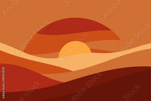 Abstract desert sunset landscape with rolling hills and warm colors