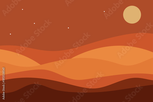 Abstract desert landscape at night with moon and stars illustration