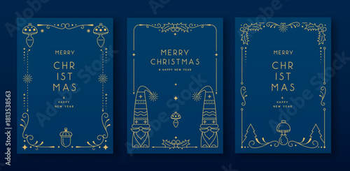 Set of modern Christmas frames or holiday greeting cards on blue background. Line art vector illustration