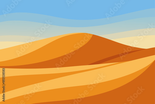 Stylized desert landscape with sand dunes and layered blue sky