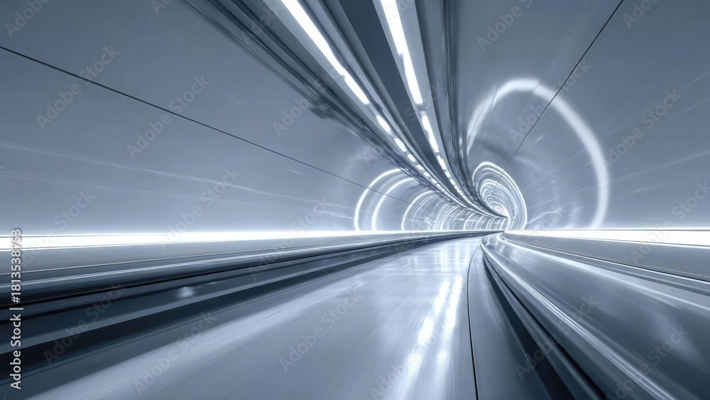 Fototapeta premium Futuristic tunnel interior with curved walls and glowing white rings, seen from a transit tube in motion. Concept Futuristic tunnel, Curved walls, Glowing white rings, Transit tube motion