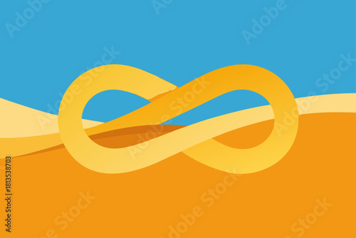 Abstract golden infinity symbol with desert waves and blue sky
