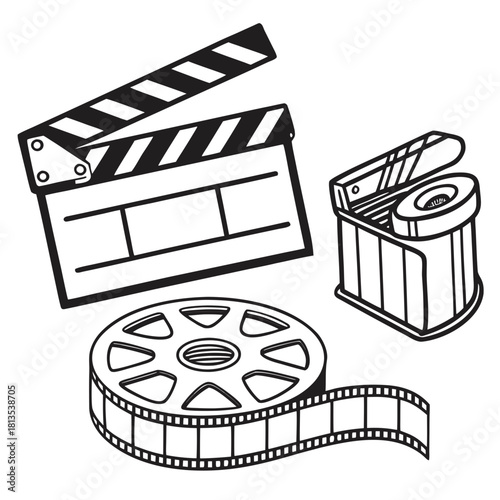 Film Production Icons With Director Chair And Clapperboards movie cinema