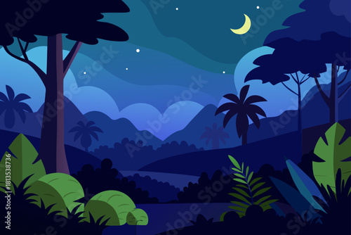 Lush tropical jungle landscape at night with moon and stars.