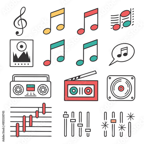 Vintage Music and Audio Equipment Icons in Black and White Keywords: music, sound, audio, gramophone