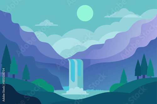 Flat design scenic mountain landscape with a flowing waterfall