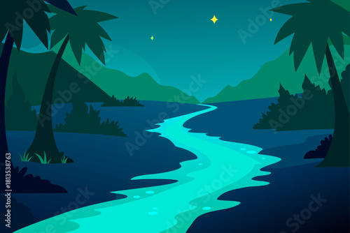 Enchanting glowing river flowing through night jungle landscape