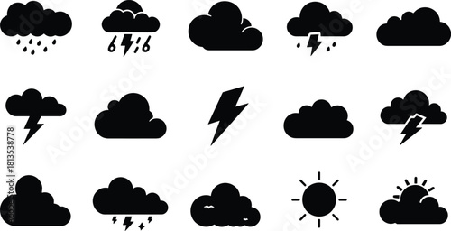 Collection of black weather icons including rain lightning sun and clouds vector