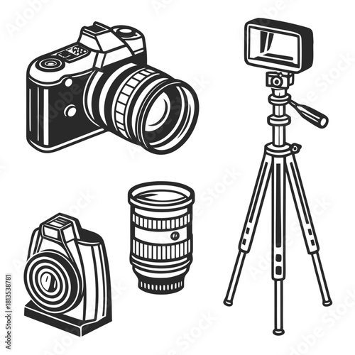 Camera Equipment Icons Including DSLR Lens and Tripod Keywords: camera, photography, DSLR, lens