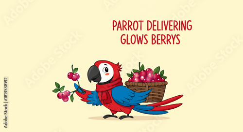 A cartoon parrot wearing a scarf holds berries while standing next to a basket overflowing with glowing berries on a light yellow background.
