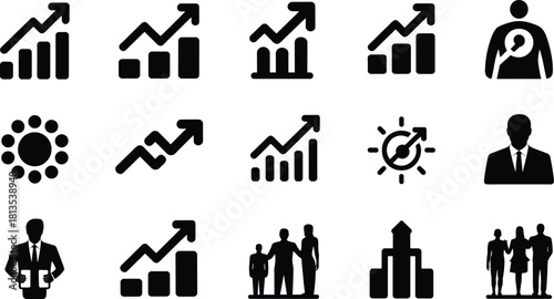 Collection of business and finance icons depicting growth charts people and targets