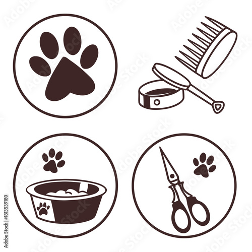 Pet Grooming And Care Icons Paw Print Scissors Comb Bowl vector illustration