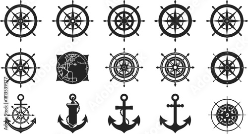Collection of nautical symbols ship wheels compasses and anchors in black silhouette