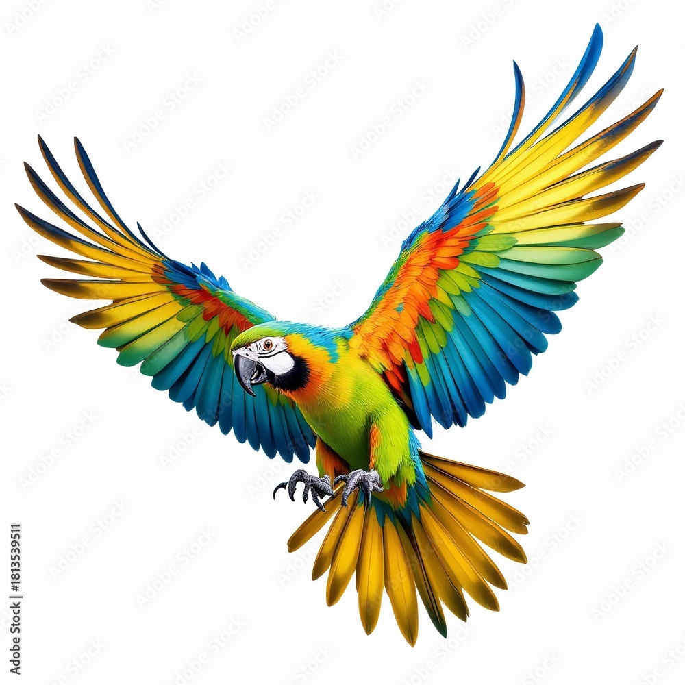 Fototapeta premium Vibrant blue and yellow macaw parrot bird flying with wings spread isolated on white background