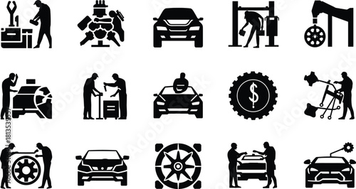 Silhouettes of auto mechanics working on cars and car parts with tools and a dollar gear