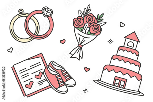 Romantic Wedding and Celebration Icons with Rings Cake and Flowers Keywords: wedding rings, engagement