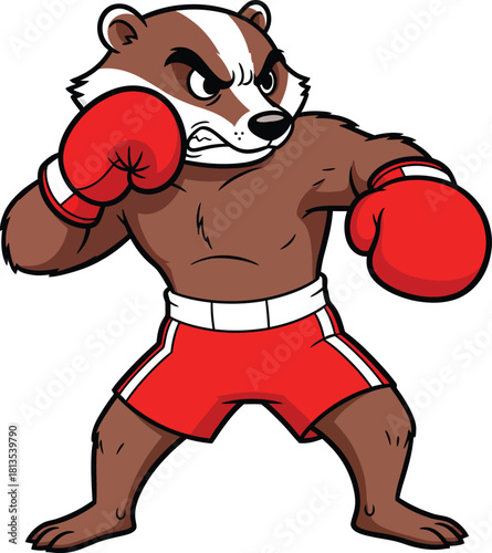Fierce cartoon badger boxer with red gloves in a fighting pose.