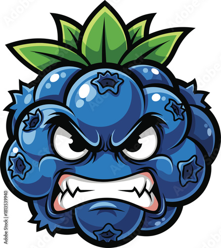 Fierce cartoon blueberry mascot with an angry face sharp teeth and green leaves on top.