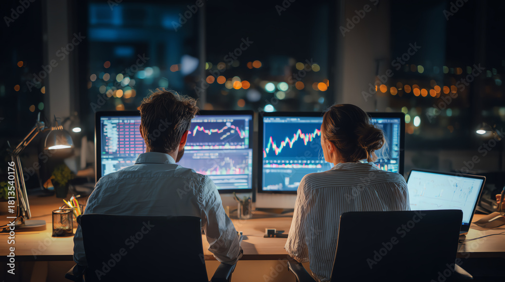 Fototapeta premium Two professionals analyze financial data on computers in a modern office setting during the night.