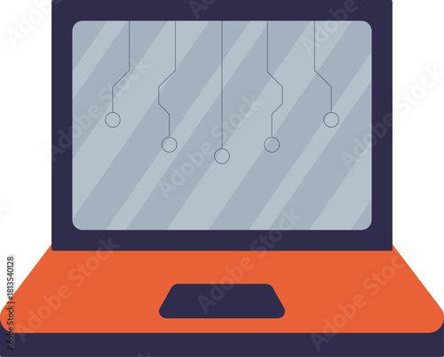 Laptop displaying a newtons cradle on the screen with a red and blue design