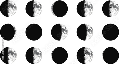 Fifteen circular illustrations depicting various phases of the moon in grayscale