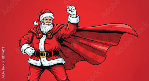 Illustrative depiction of Santa Claus reimagined as a powerful superhero, striking a dynamic pose with his iconic red cape and suit, embodying festive strength and holiday cheer