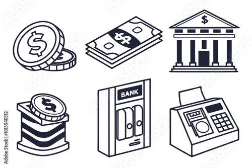 Financial Icons Set With Coins Bank ATM And Money Stack finance cash