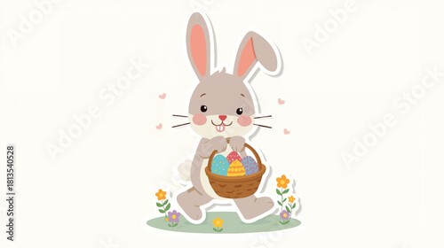 Easter Bunny with basket: A whimsical illustration of the Easter Bunny, joyfully carrying a basket filled with colorful Easter eggs, celebrating springtime with floral accents.