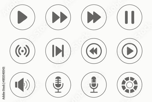 Set Of Circular Media Player And Audio Icons Gray Tones control button