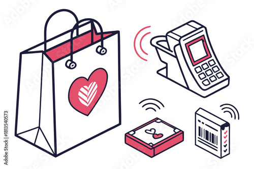 Shopping bag and contactless payment devices with wireless signals heart payment terminal