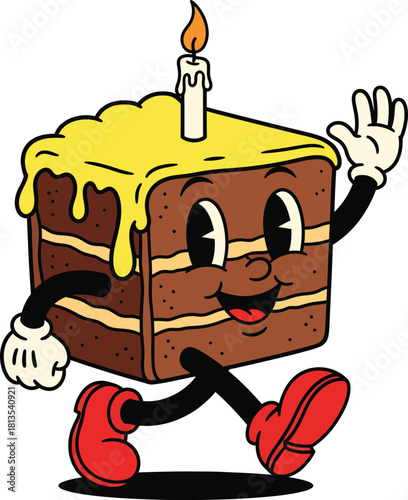 Happy walking chocolate layer cake slice a retro cartoon character with a lit candle waving cheerfully.