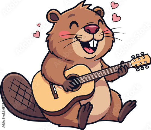 Joyful cartoon beaver with buck teeth playing a love song on an acoustic guitar smiling happily with floating pink hearts.