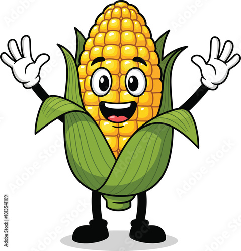 Joyful cartoon corn on the cob mascot with a big smile green husks and raised arms.
