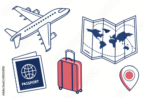 Travel Icons Including Airplane Passport Suitcase Map and Location Pin vector illustration