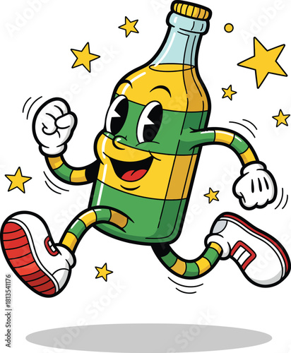 Joyful running cartoon bottle character with green and yellow stripes wearing white gloves and sneakers.