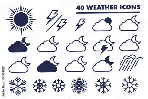 Dark Blue Weather Icons Including Sun Clouds Moon Snow and Rain night