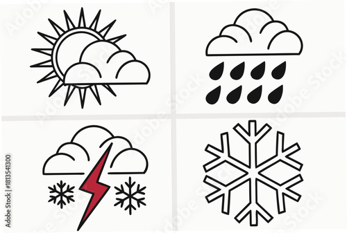 Weather icons sun cloud rain snowflake lightning bolt in outline style Keywords: weather, sun, cloud