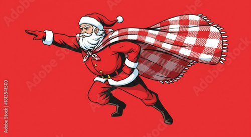 Dynamic Santa Claus in a heroic superhero pose, ready to deliver festive cheer with a unique checkered cape, embodying the energetic spirit of the holiday season against a vibrant red background