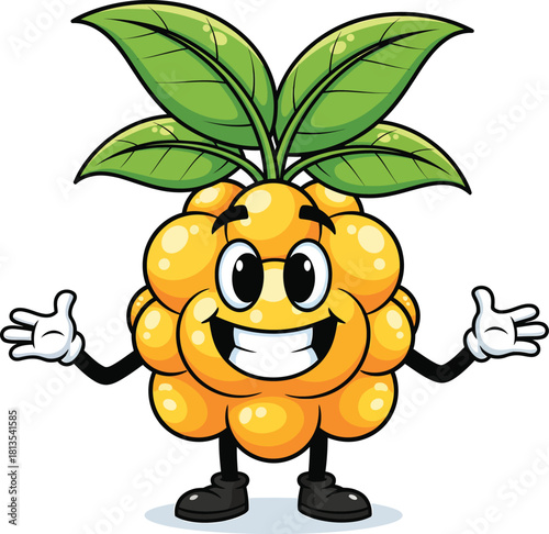 Smiling yellow cloudberry cartoon mascot with a big grin and welcoming arms.