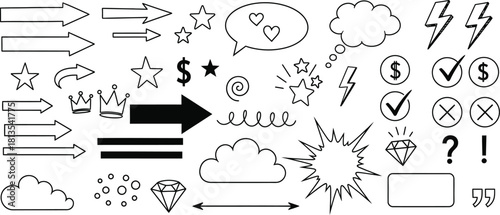 Hand drawn doodle elements arrows stars speech bubbles and symbols