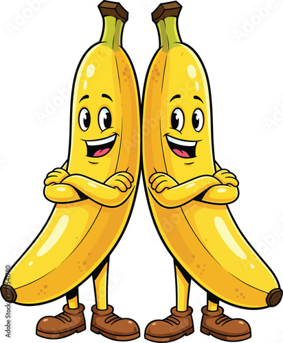 Two smiling cartoon banana characters standing backtoback with arms crossed.
