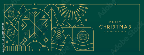 Line art Christmas holiday greeting card on emerald green background. Vector illustration