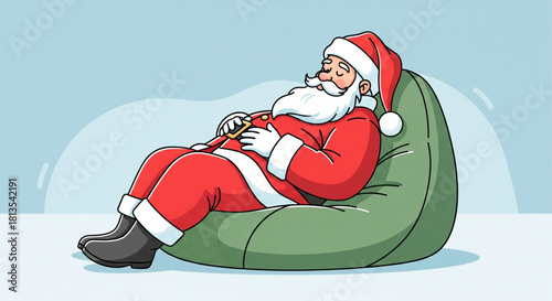 Tired Santa Claus character sleeping in a green beanbag chair after a long night of delivering presents. Christmas holiday relaxation concept illustration
