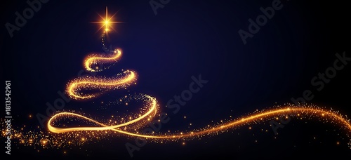 Abstract glowing golden christmas tree silhouette formed by swirling light trails and sparkling particles on a dark blue background