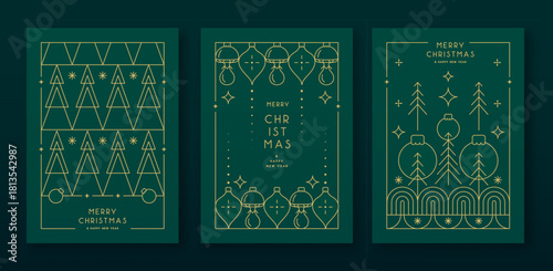 Set of modern Christmas frames or holiday greeting cards on emerald green background. Line art vector illustration