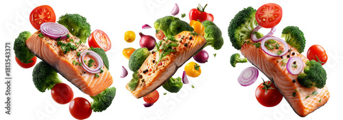 Grilled salmon fillet with tomato, broccoli, and onion, isolated on white background, concept of healthy food